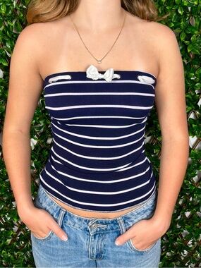 Striped Navy and White Strapless Bow Tube Top